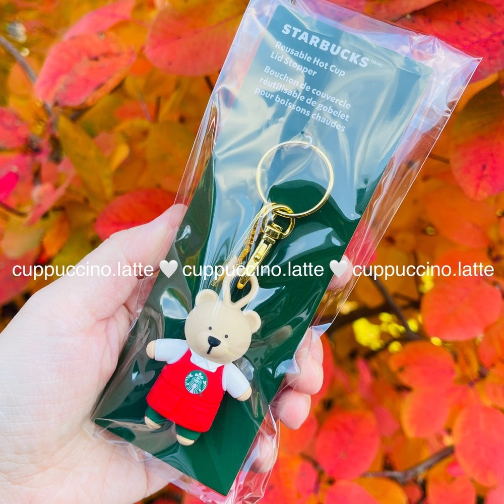 ❤️NWT🐻Starbucks Red Apron Bearista Bear Reusable Hot Cup Lid Stopper Keychain